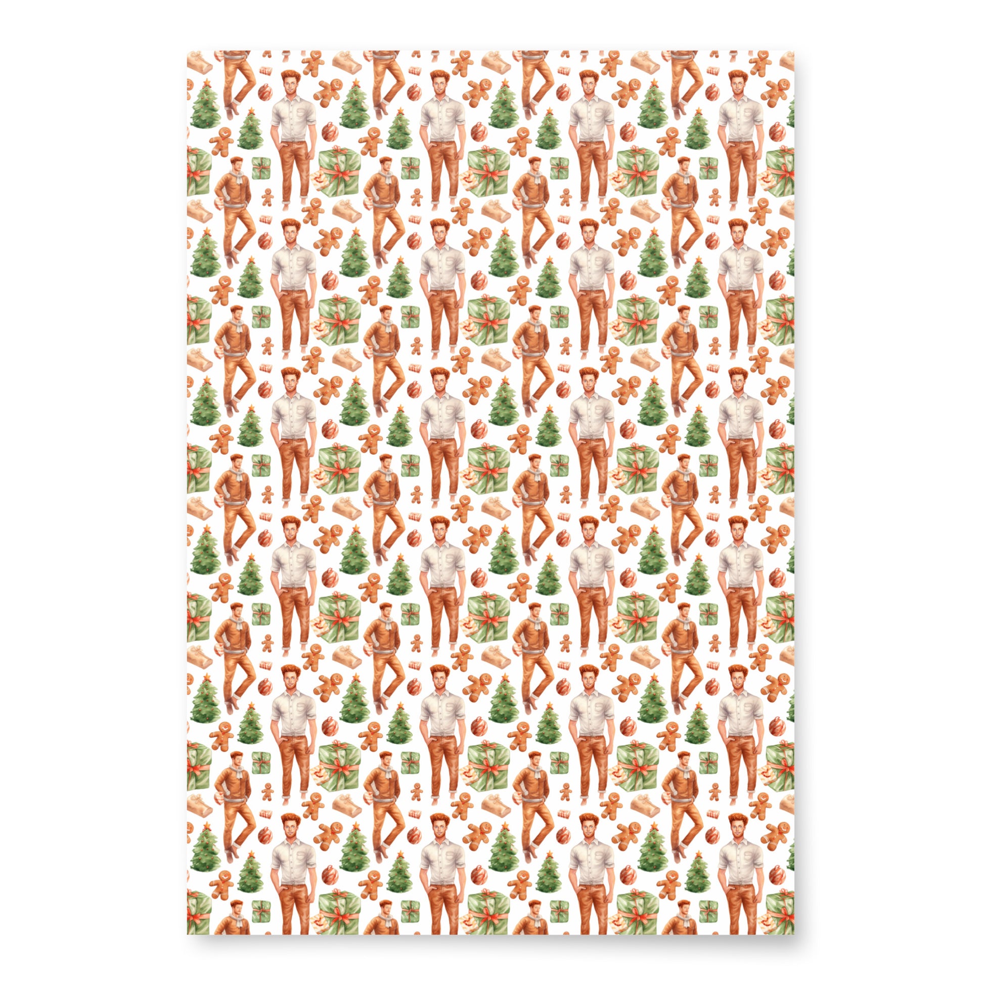 Christmas wrapping paper with red-haired men and green christmas trees. Primary color is a white.