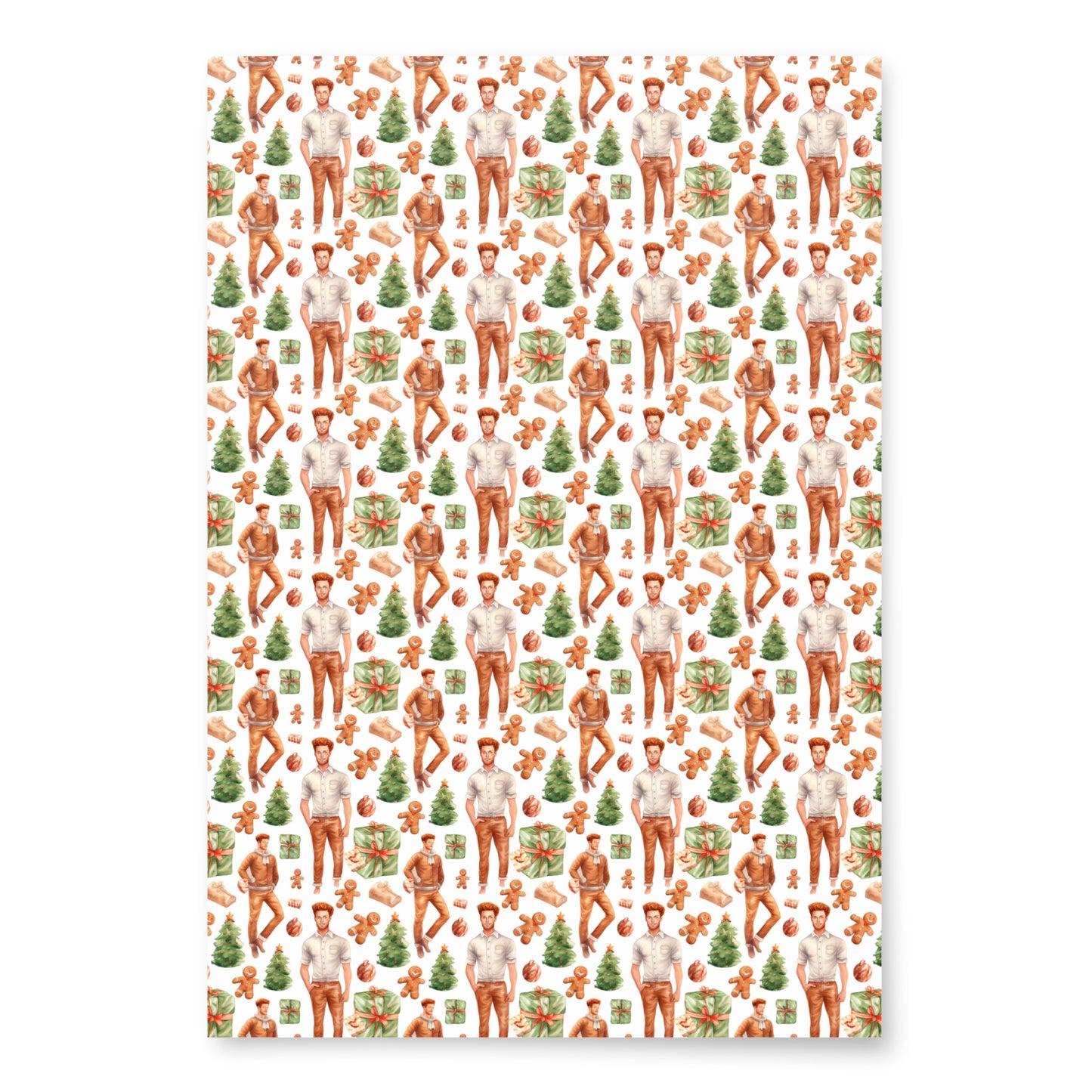 Christmas wrapping paper with red-haired men and green christmas trees. Primary color is a white.