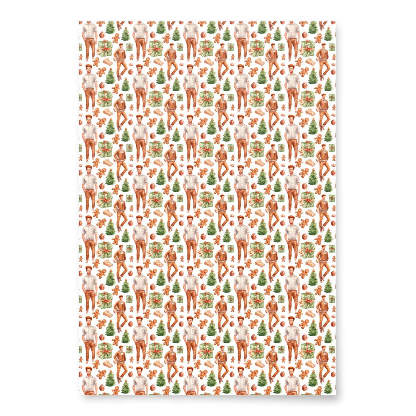 Christmas wrapping paper with red-haired men and green christmas trees. Primary color is a white.