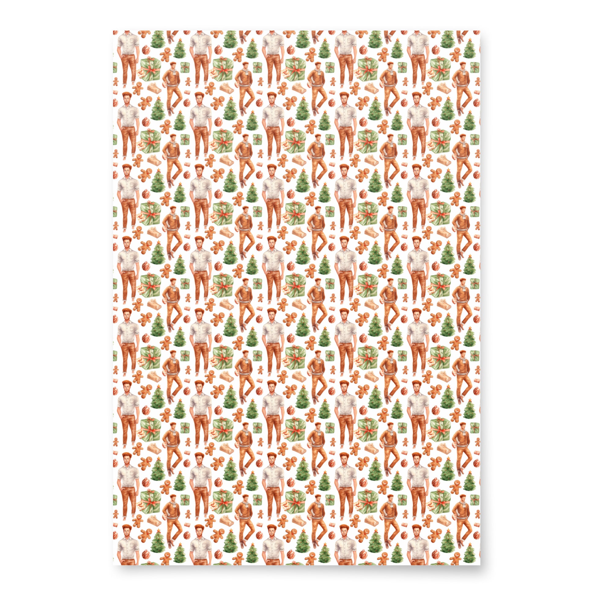 Christmas wrapping paper with red-haired men and green christmas trees. Primary color is a white.