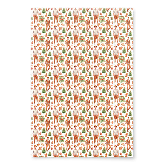 Christmas wrapping paper with red-haired men and green christmas trees. Primary color is a white.