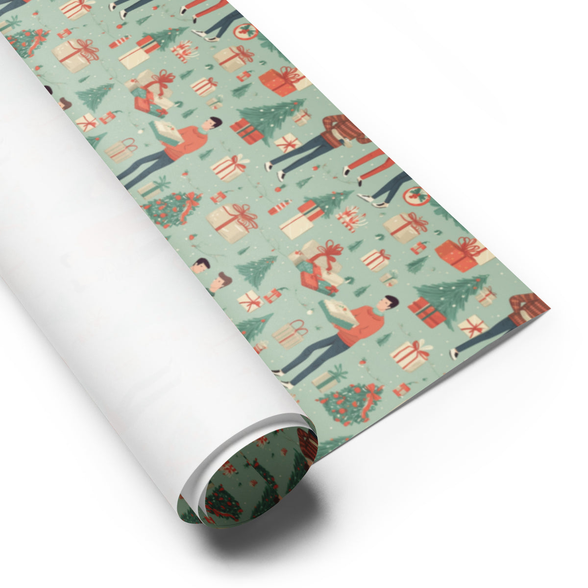Christmas wrapping paper with people giving gifts. Primary color is a light green.