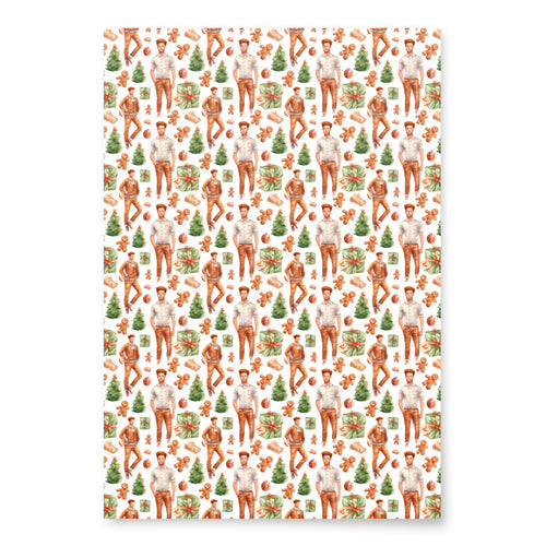 Christmas wrapping paper with red-haired men and green christmas trees. Primary color is a white.