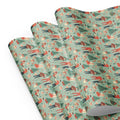 Christmas wrapping paper with people giving gifts. Primary color is a light green.