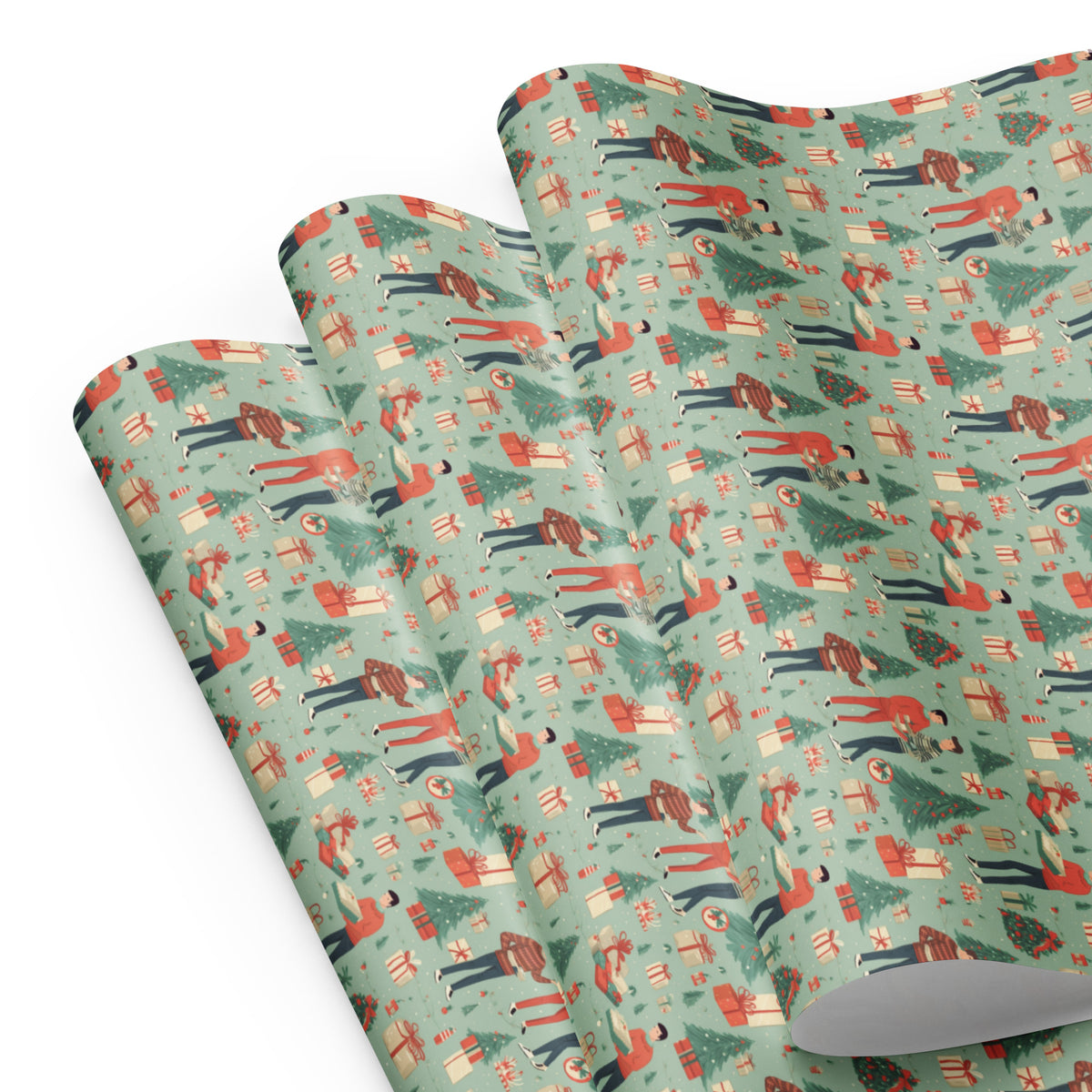 Christmas wrapping paper with people giving gifts. Primary color is a light green.