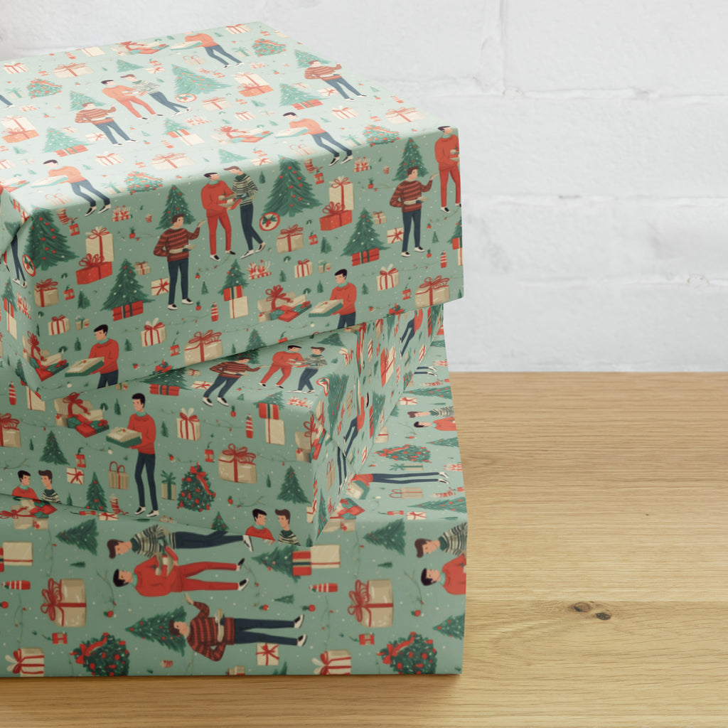 Christmas wrapping paper with people giving gifts. Primary color is a light green.