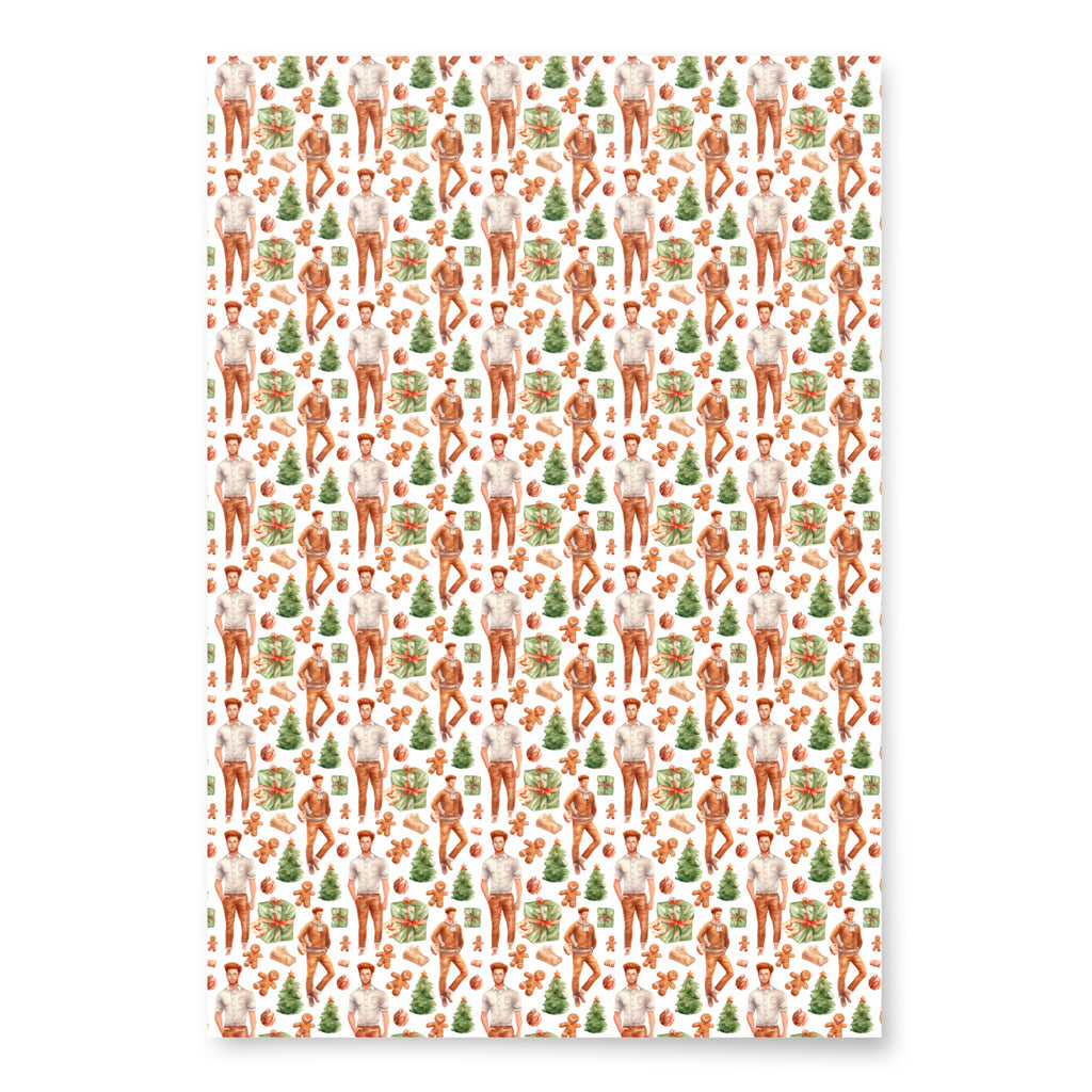 Christmas wrapping paper with red-haired men and green christmas trees. Primary color is a white.