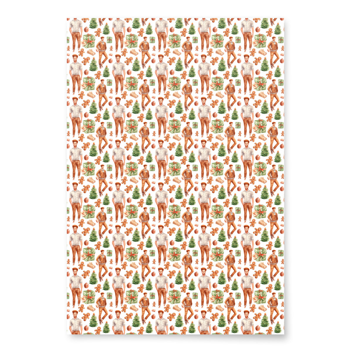 Christmas wrapping paper with red-haired men and green christmas trees. Primary color is a white.