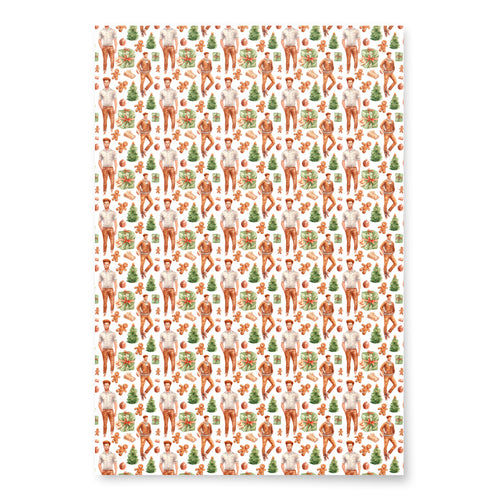 Christmas wrapping paper with red-haired men and green christmas trees. Primary color is a white.