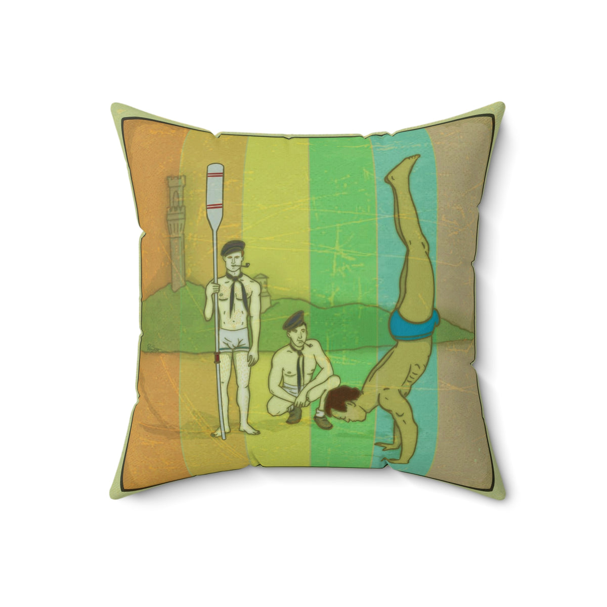 Photo of a pillow with three men on it. One is an oarsmen holding an oar. They are washed in rainbows colors,